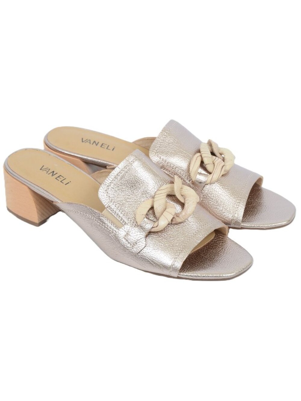 VANELI Cannia Women 11 Open-toe Leather Mule Loafer Top Chain Accent Low Heels